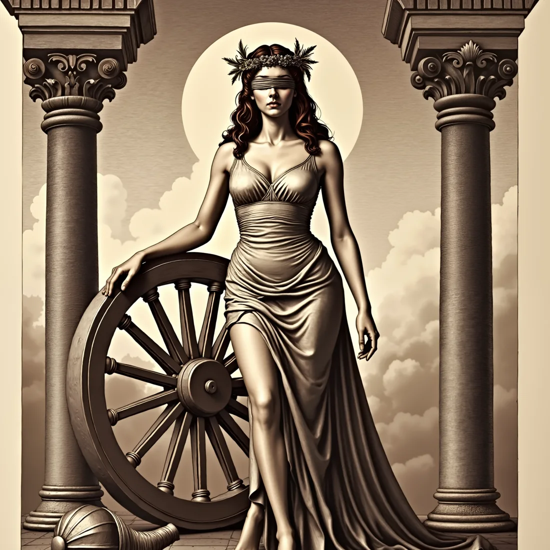 Engraving of Fortuna turning the wheel of fortune