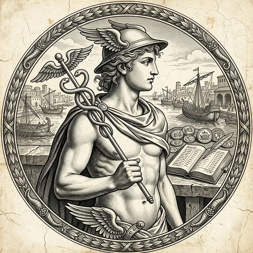 Engraving of Mercury delivering coins door to door