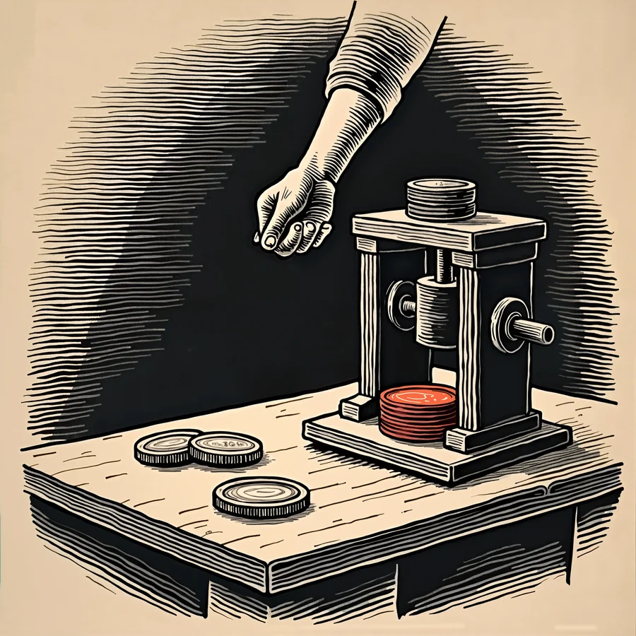 Woodcut of a coin press stamping eight small coins into one large coin
