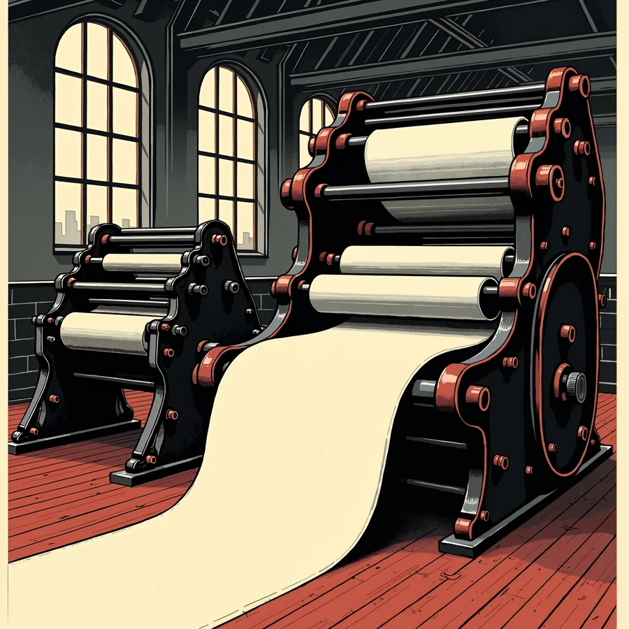 Woodcut of a great printing press running blank newsprint