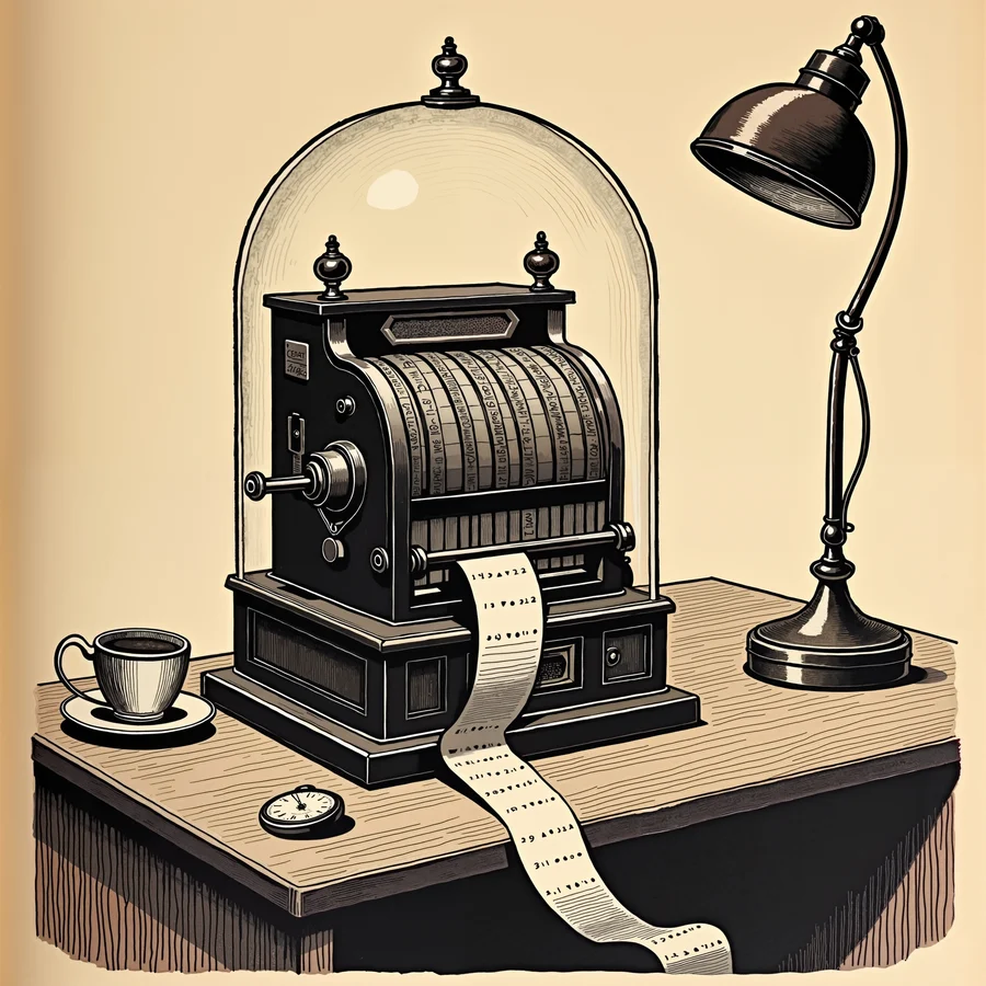 Woodcut of a brass stock ticker spilling blank tape on a desk