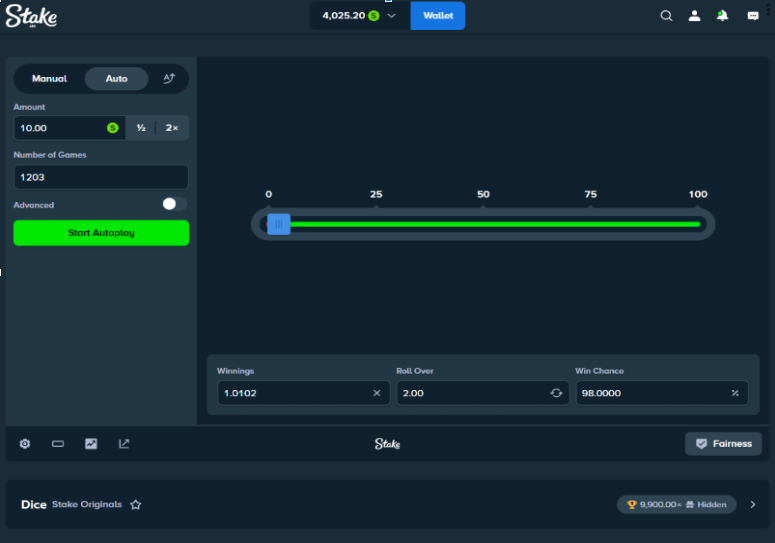 Stake.us Dice Game Settings - 98% win chance, 10SC bet amount for optimal VIP grinding strategy
